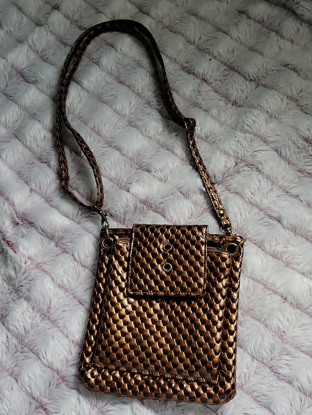 Metallic Bronze And Black Adjustable Strap Snake Embossed Crossbody Wallet Purse
